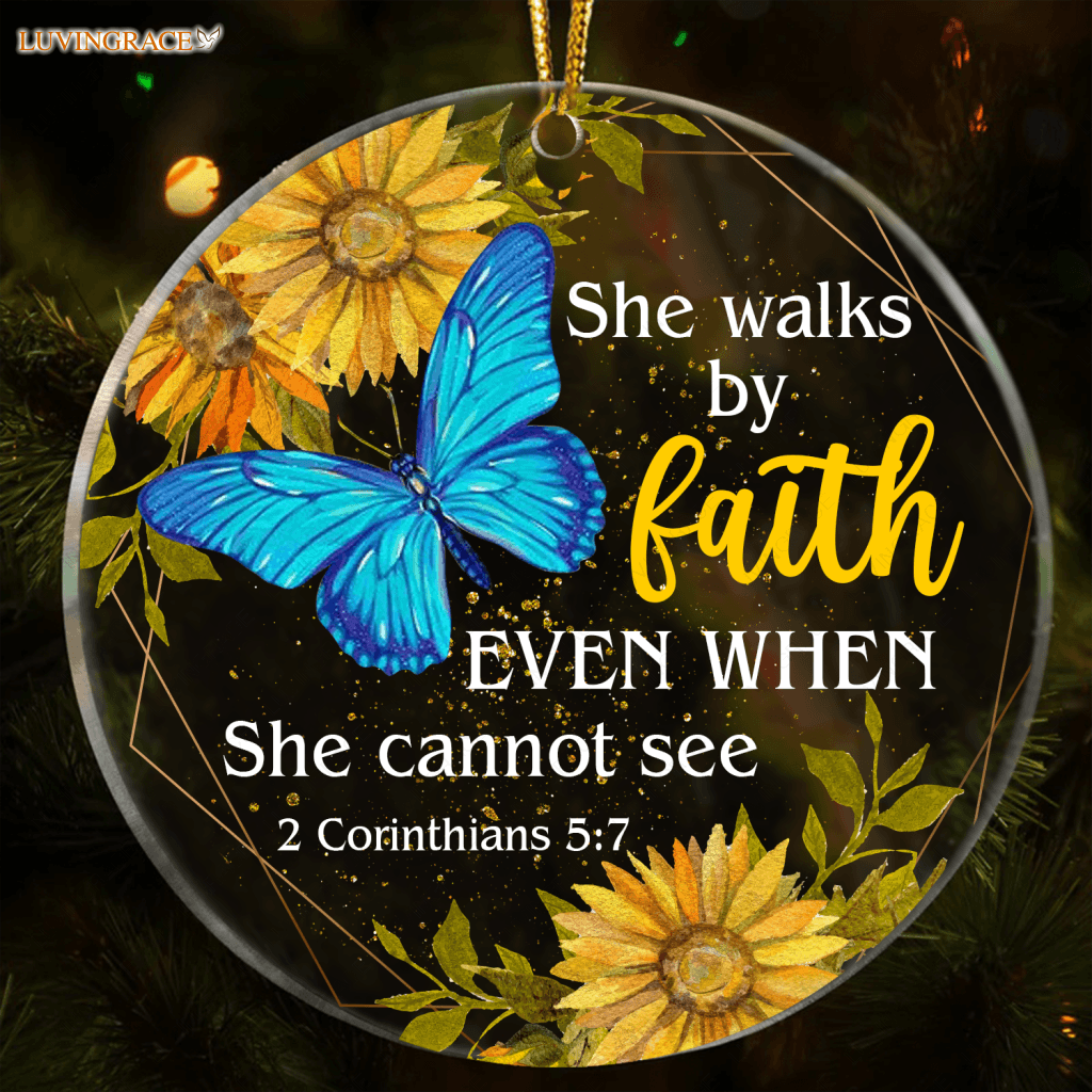 Sunflower Blue Butterly Walk By Faith Transparent Ornament