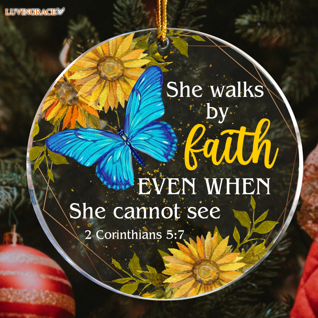 Sunflower Blue Butterly Walk By Faith Transparent Ornament