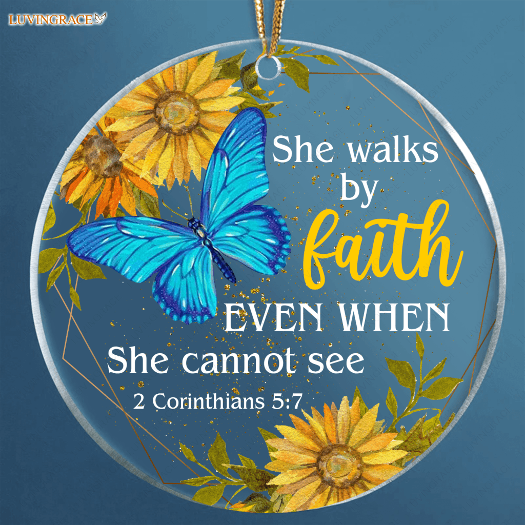 Sunflower Blue Butterly Walk By Faith Transparent Ornament