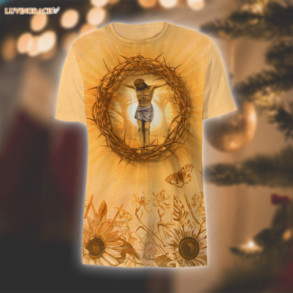 Sunflower Butterfly Jesus Cross Crown Of Thorns Faith Hoodie 3D T-Shirt / S