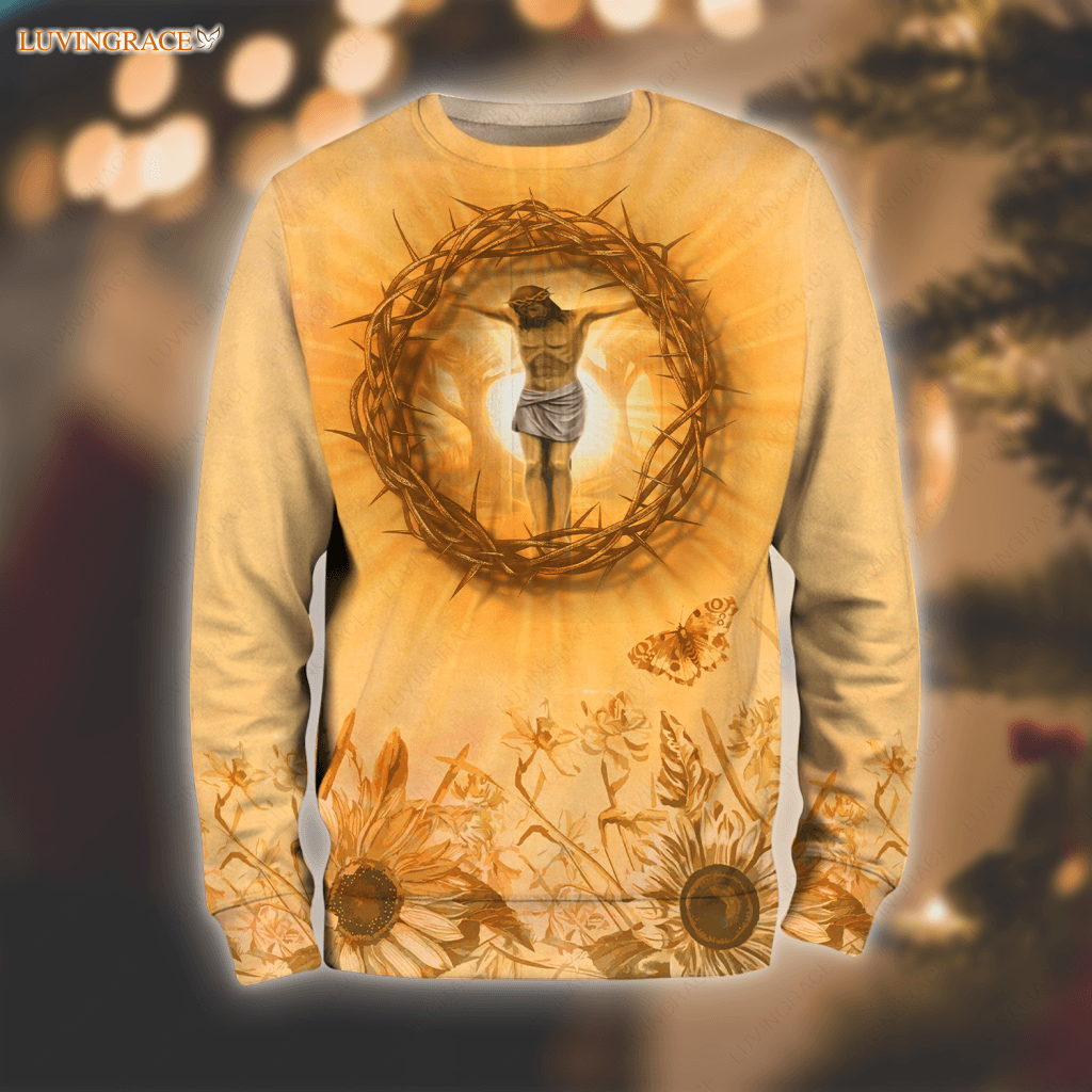 Sunflower Butterfly Jesus Cross Crown Of Thorns Faith Hoodie Long Sleeve Tee / S