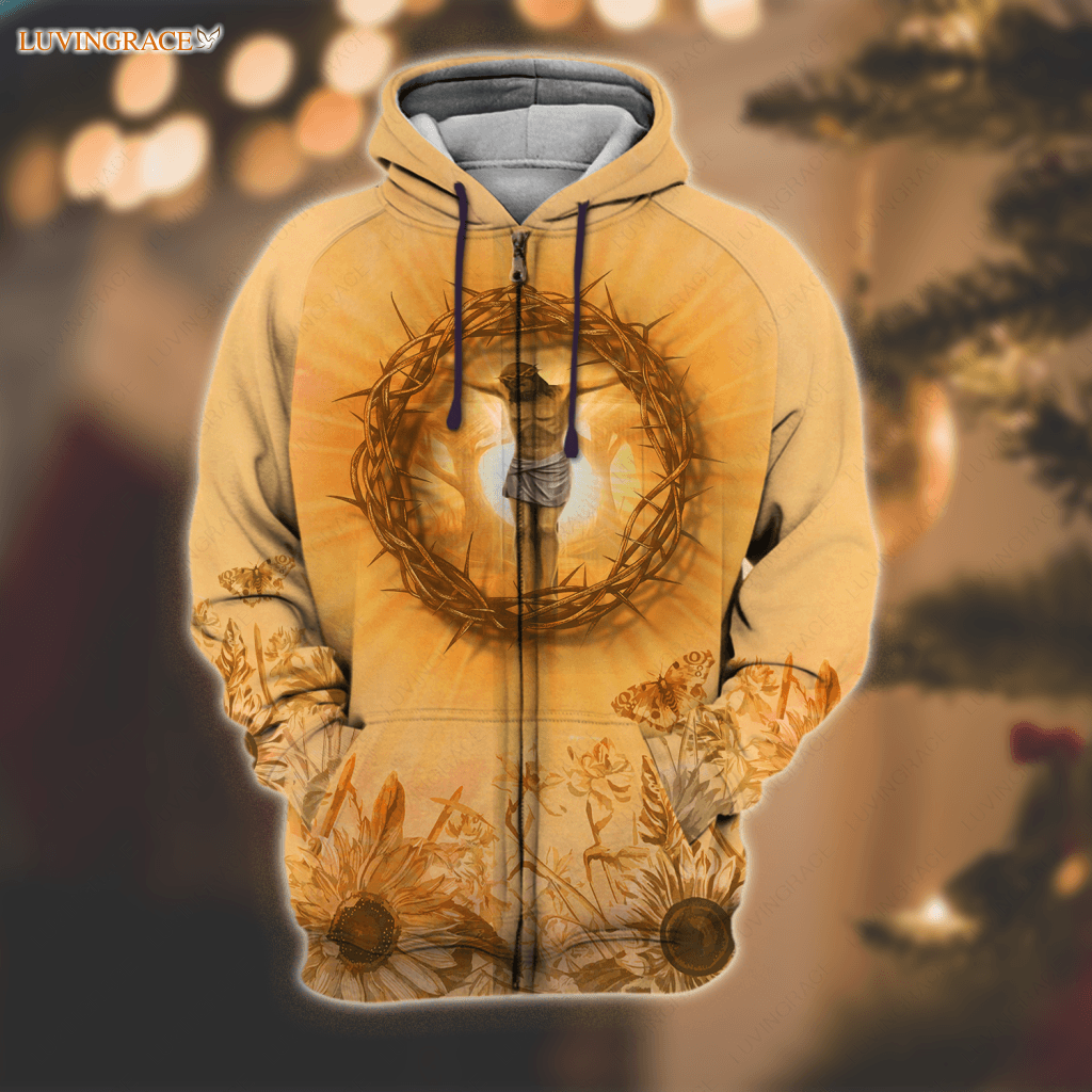 Sunflower Butterfly Jesus Cross Crown Of Thorns Faith Hoodie Zipper / S