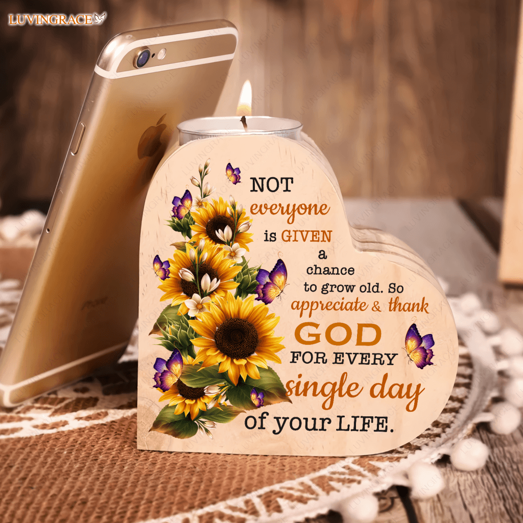 Sunflower Butterfly Thank God Every Day Candle Holder Heart Shaped