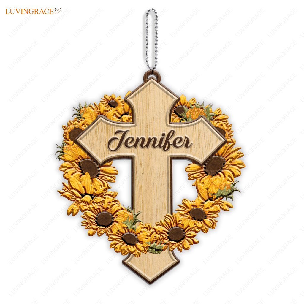 Sunflower Cross Jesus Christian Lover Personalized Wood Engraved Ornaments Wooden Ornament