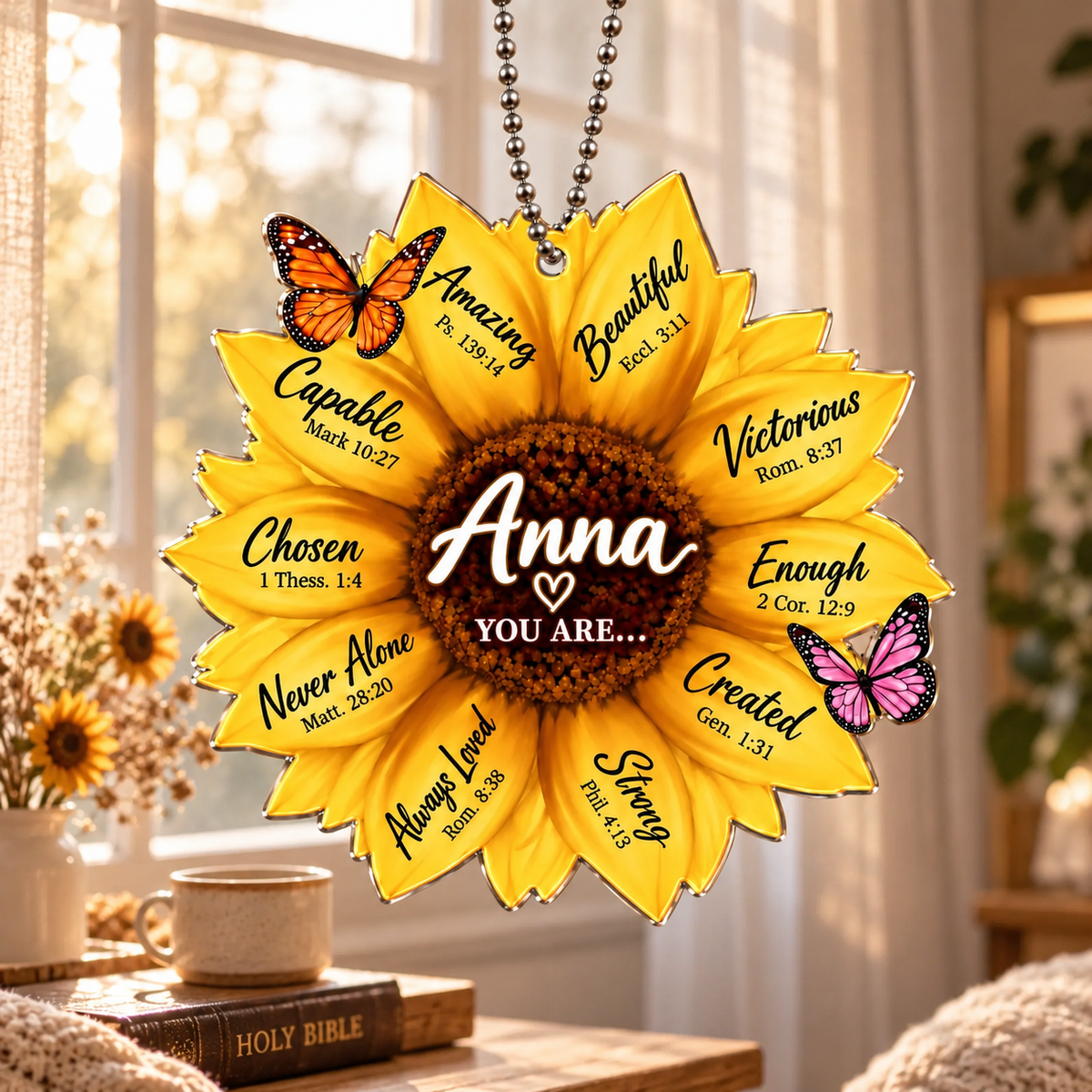 Personalized Sunflower Christian Ornament - Custom Name You Are Strong Sunflower Car Ornament -Inspirational Gift for Her