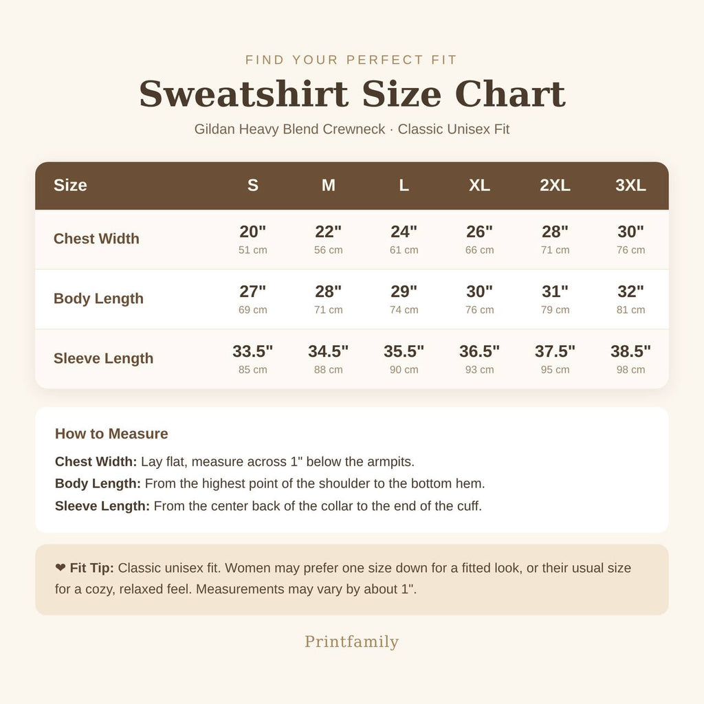Sweatshirt Size Chart - Gildan Heavy Blend Crewneck