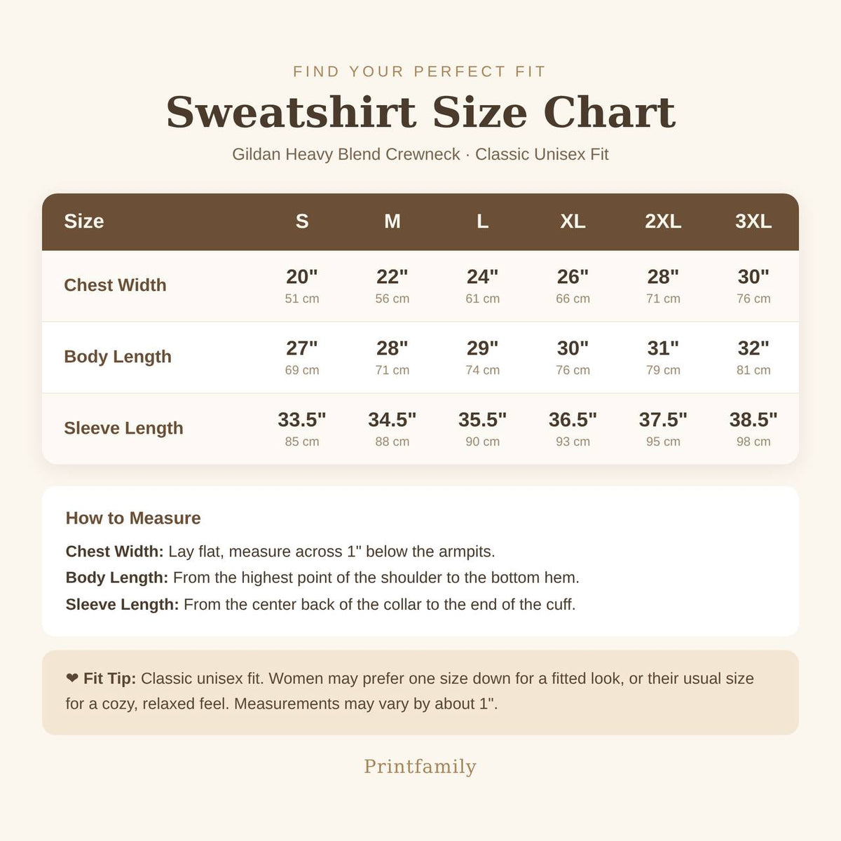 Sweatshirt Size Chart - Gildan Heavy Blend Crewneck