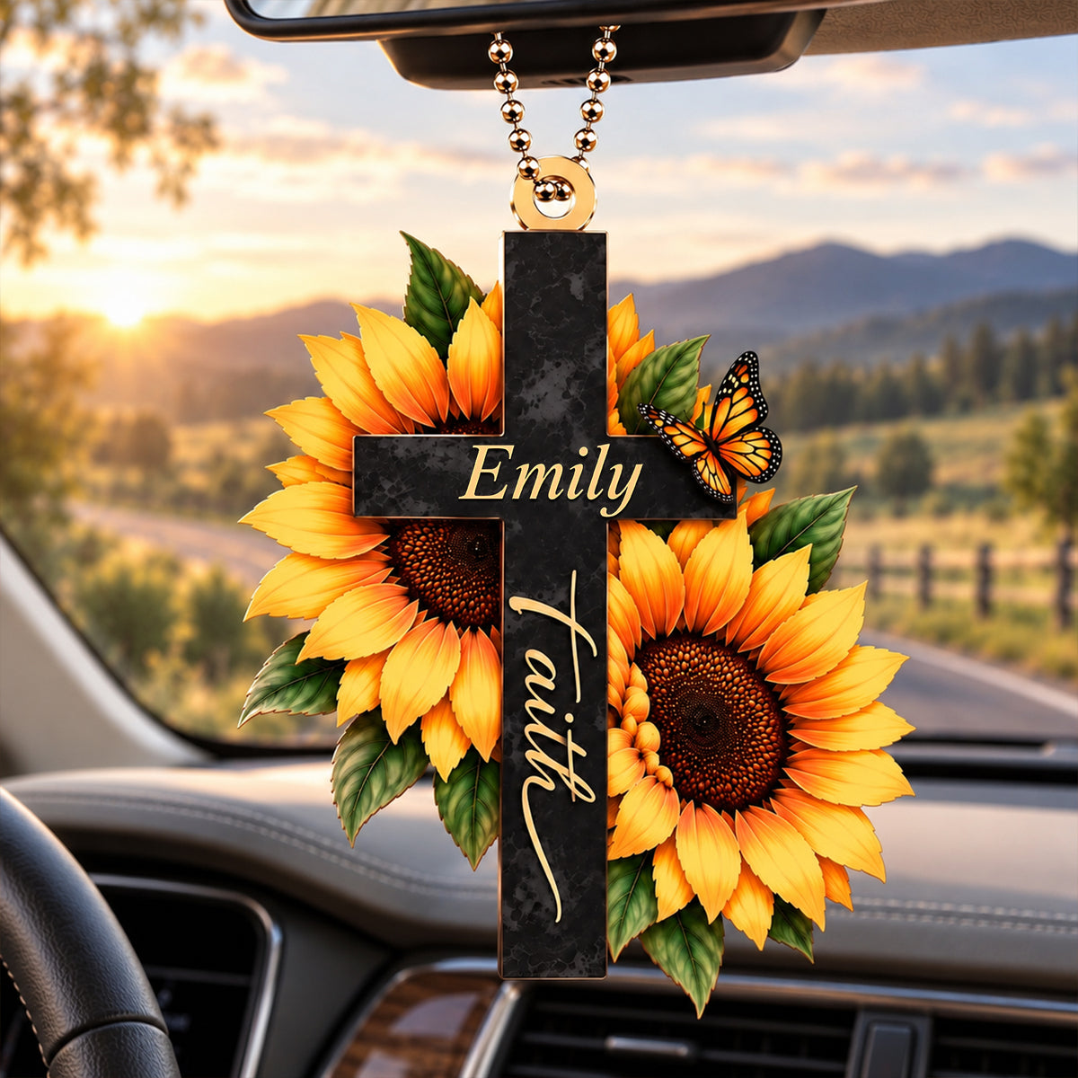 Personalized Name Faith Cross Ornament – Christian Sunflower Keepsake