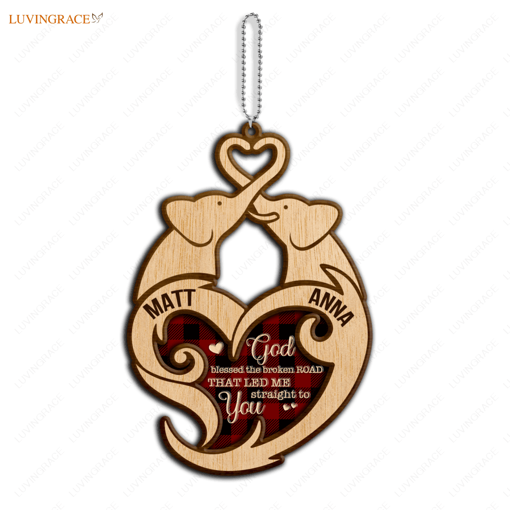Tartan Elephant Couple God Blessed Personalized Wood Engraved Ornaments Wooden Ornament