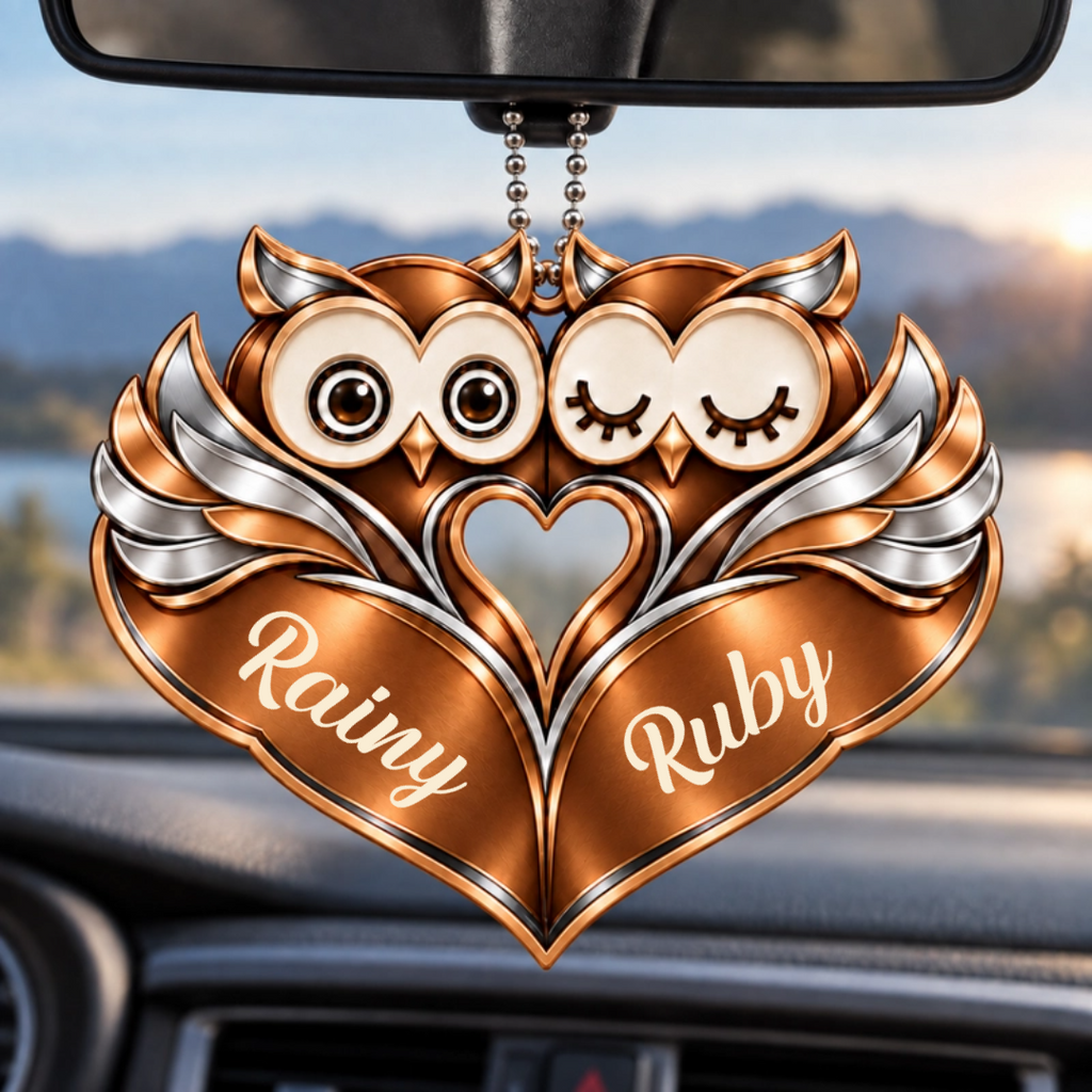 Personalized Names Brown Owl Couple Ornament - Owl Couple Heart Car Ornament - Anniversary Gifts for Couples, Husband & Wife