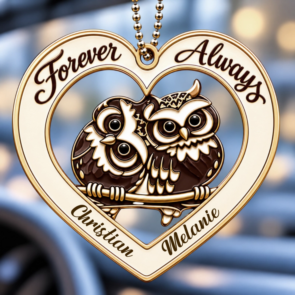 Personalized Couple Owl Ornament - Custom Names Forever and Always with Owl Couple Heart Car Ornament - Gift for Couples, Anniversary Gifts for Husband & Wife