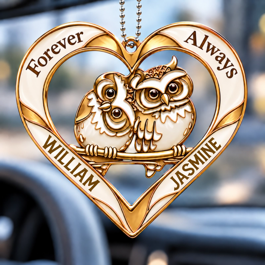 Couple Owl Heart Personalized Ornament - Custom Names Forever & Always with Owl Couple Heart Car Ornament - Gift for Couples, Anniversary Gifts for Husband & Wife, for Owl Lovers