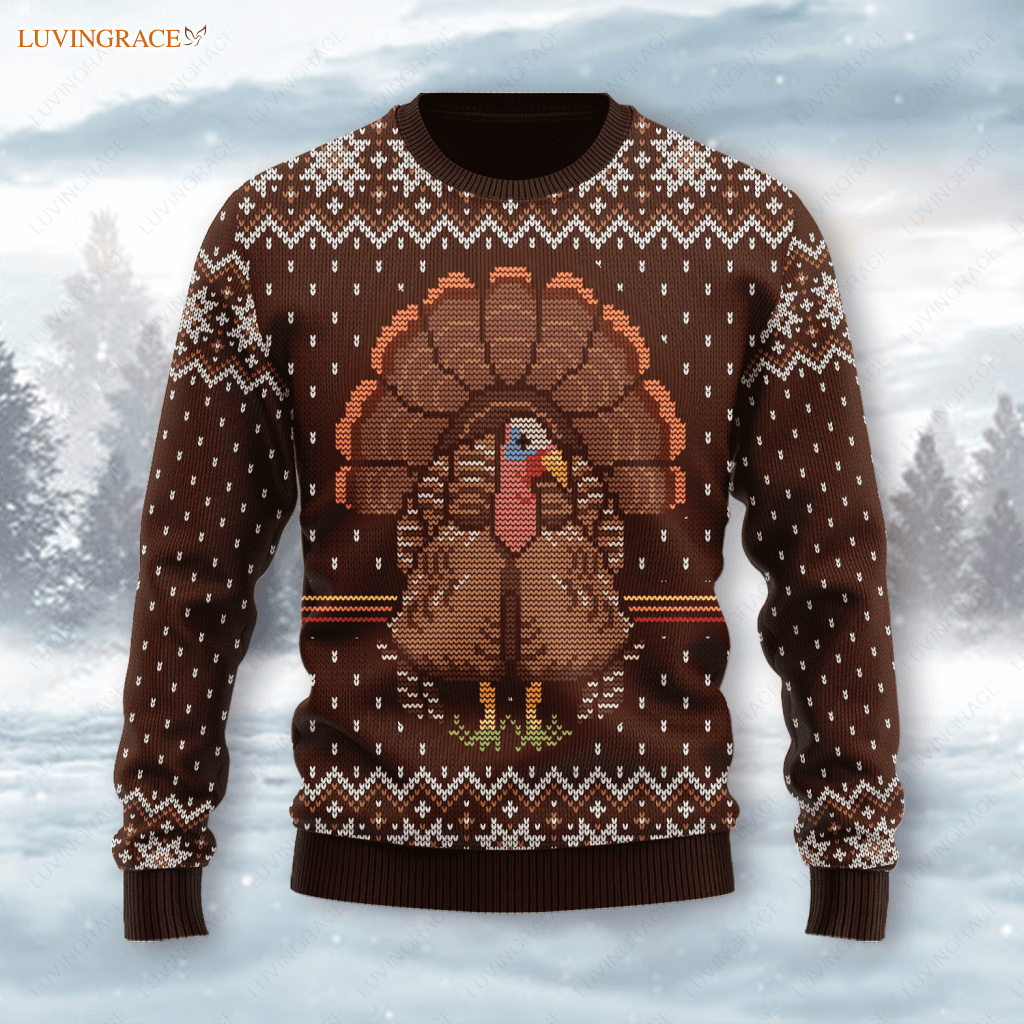 Thanksgiving Brown Turkey Knitted Pattern Ugly Sweater S Wool Sweatshirt