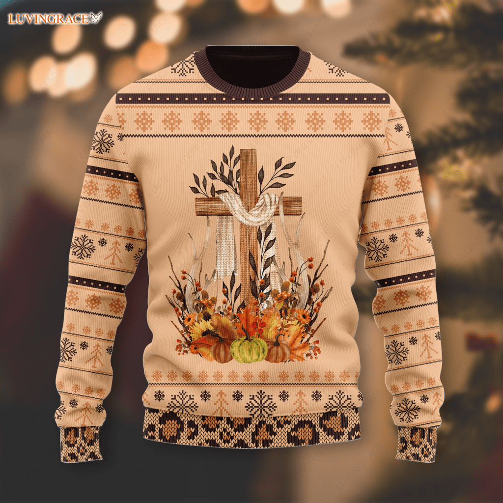 Thanksgiving Pumpkin Flower Cross Wool Knitted Pattern Ugly Sweater S Sweatshirt