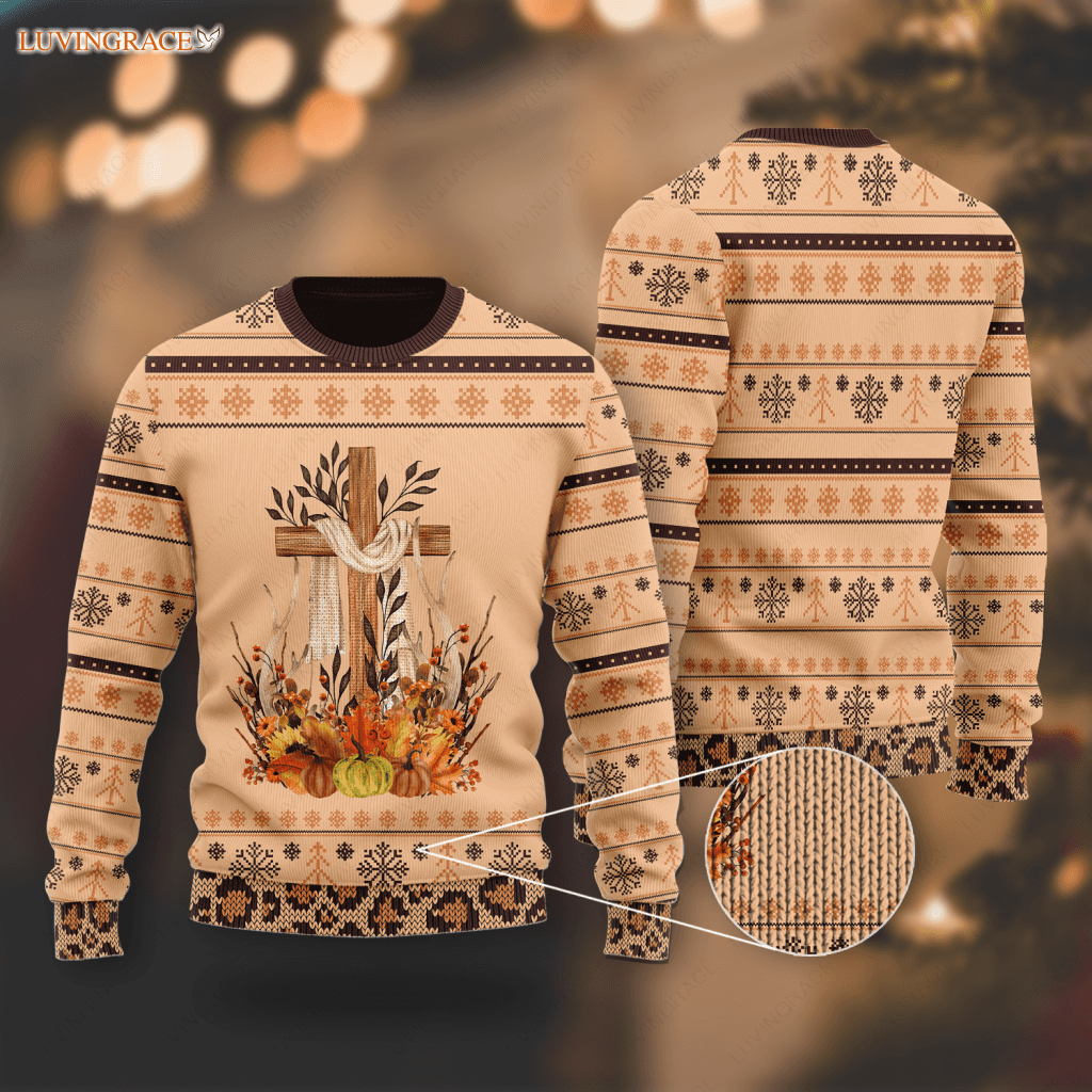 Thanksgiving Pumpkin Flower Cross Wool Knitted Pattern Ugly Sweater Sweatshirt