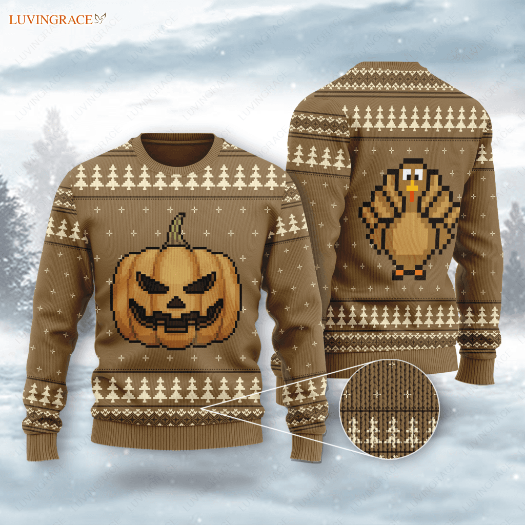 Thanksgiving Pumpkin Turkey Wool Knitted Pattern Ugly Sweater Sweatshirt