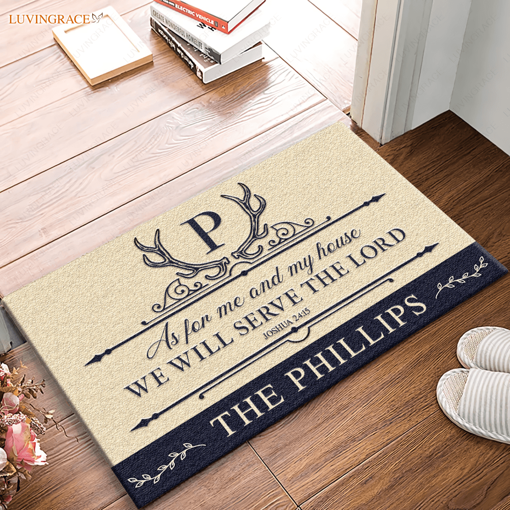Vintage Antler Monogram Serve The Lord Personalized Doormat