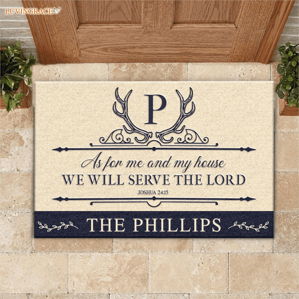 Vintage Antler Monogram Serve The Lord Personalized Doormat