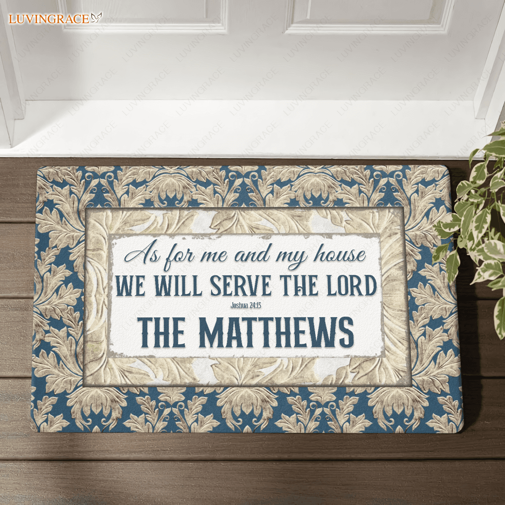 Vintage Blue Elegant Serve The Lord Personalized Doormat