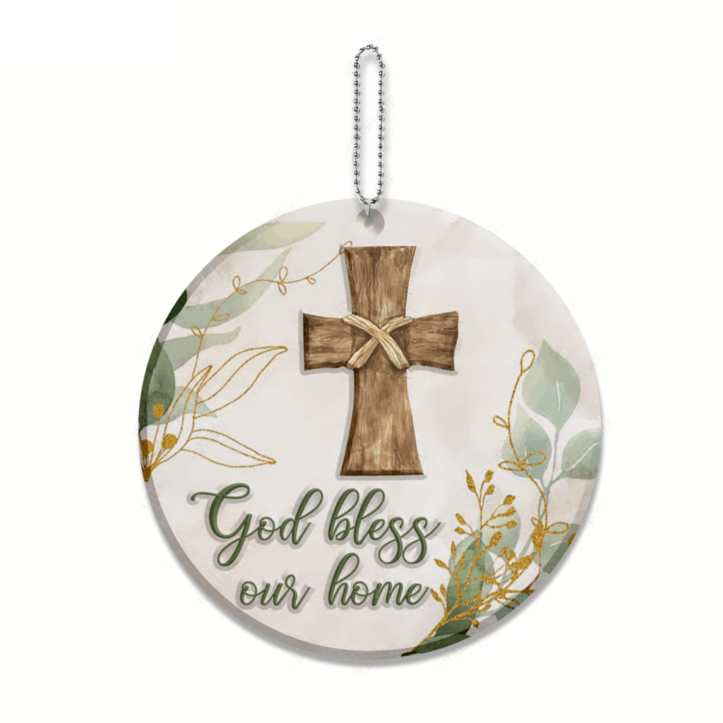 Vintage Christmas Floral Cross God Bless Our Home Ornament