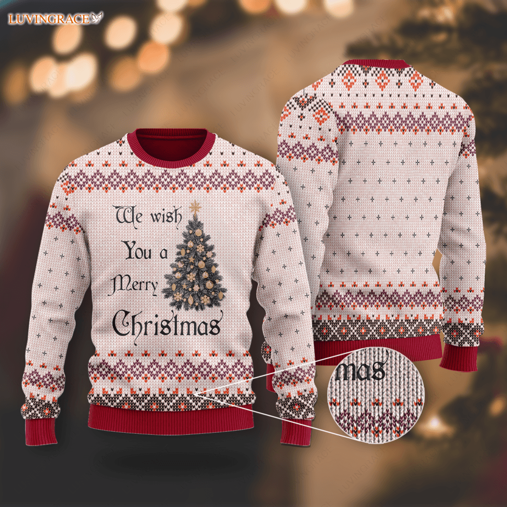 Vintage Christmas Pine Wool Knitted Pattern Wish You A Merry Ugly Sweater Sweatshirt