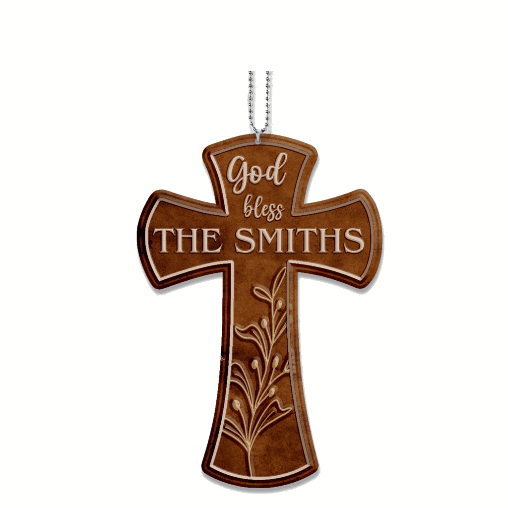 Vintage Cross God Blessed Family Name Personalized Ornament