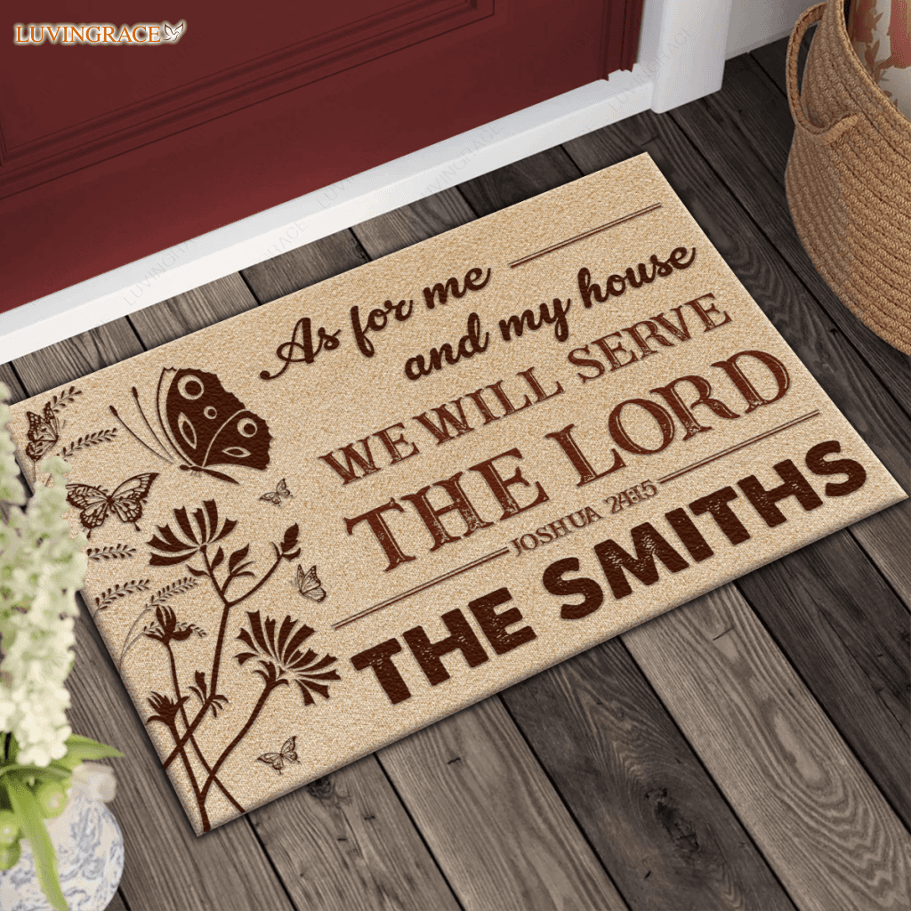 Vintage Floral Butterfly As For Me And My House Collection Family Name Personalized Doormat