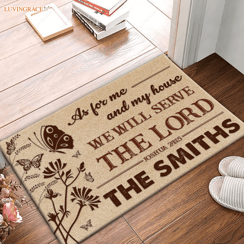 Vintage Floral Butterfly As For Me And My House Collection Family Name Personalized Doormat