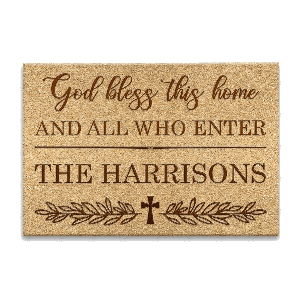 Vintage Floral Cross God Bless This Home Personalized Doormat