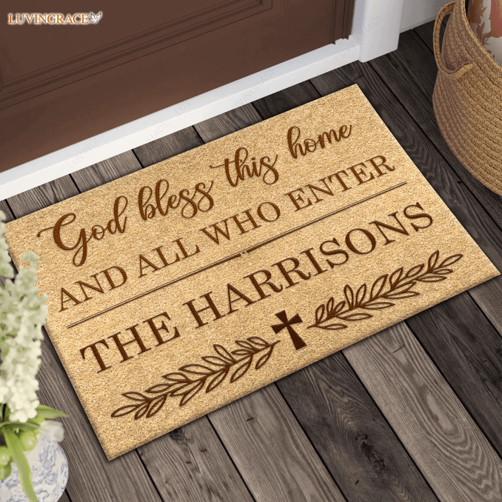 Vintage Floral Cross God Bless This Home Personalized Doormat