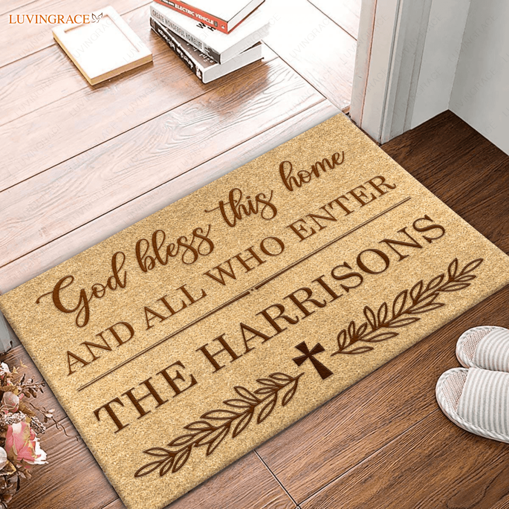 Vintage Floral Cross God Bless This Home Personalized Doormat