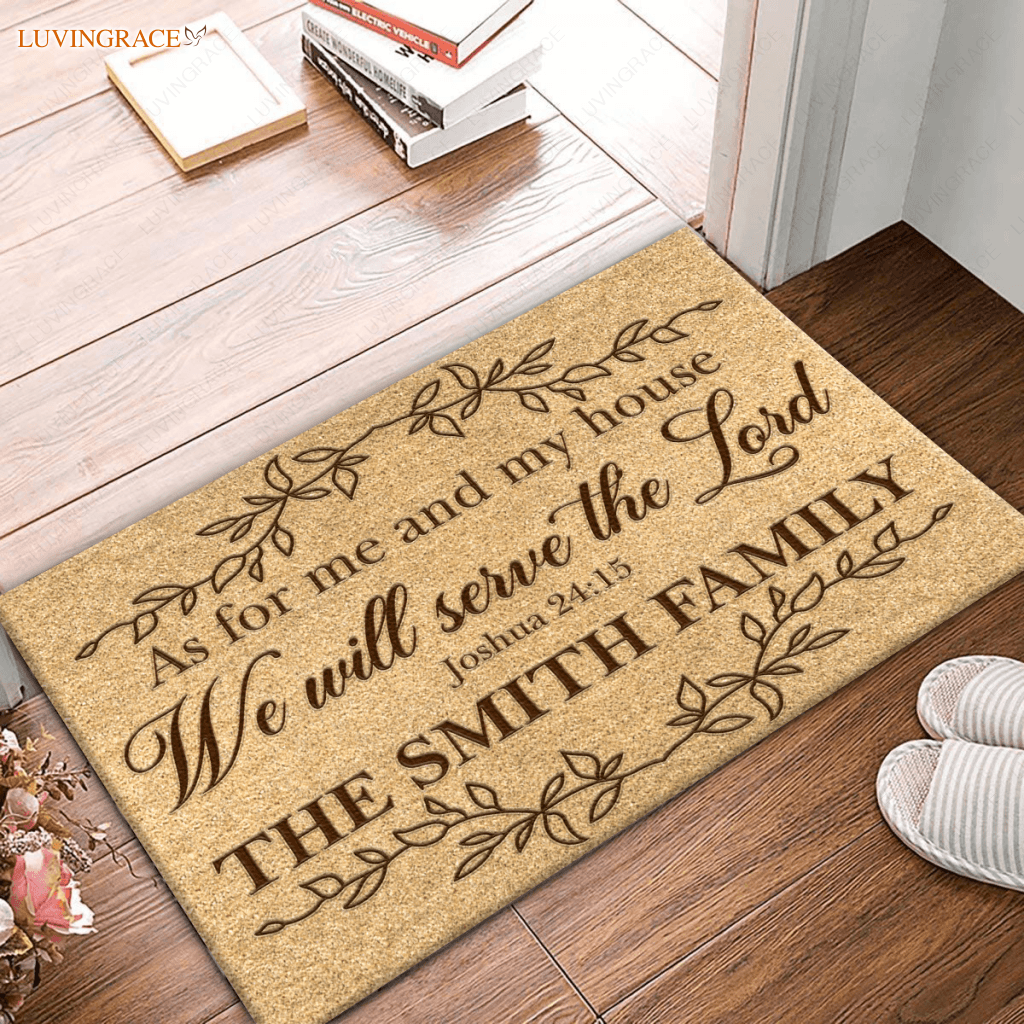 Vintage Leaf Line Art As For Me And My House Collection Family Name Personalized Doormat