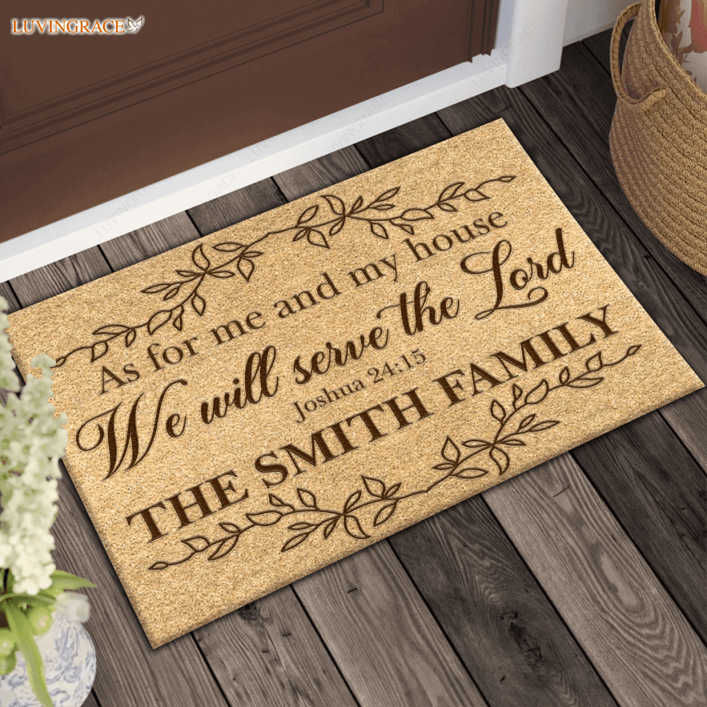 Vintage Leaf Line Art As For Me And My House Collection Family Name Personalized Doormat