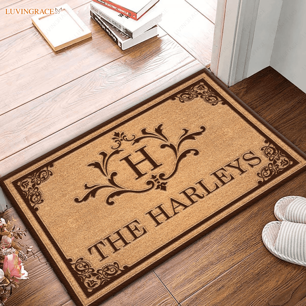 Vintage Monogram Frame Family Name Personalized Doormat