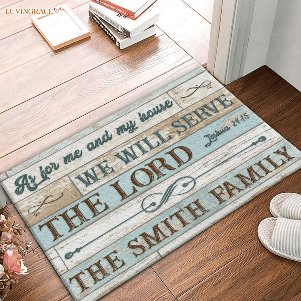 Vintage Old White Blue Wood As For Me And My House Collection Family Name Personalized Doormat