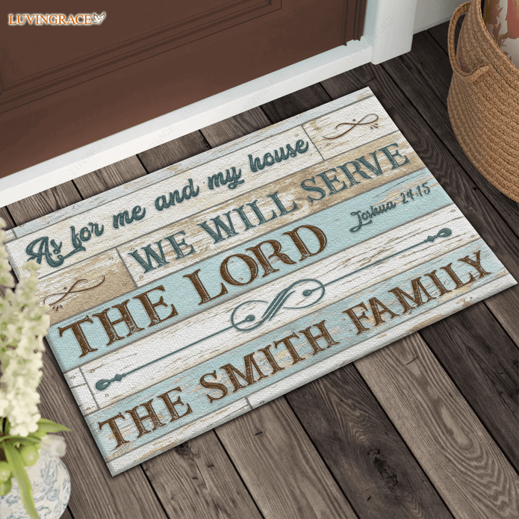 Vintage Old White Blue Wood As For Me And My House Collection Family Name Personalized Doormat