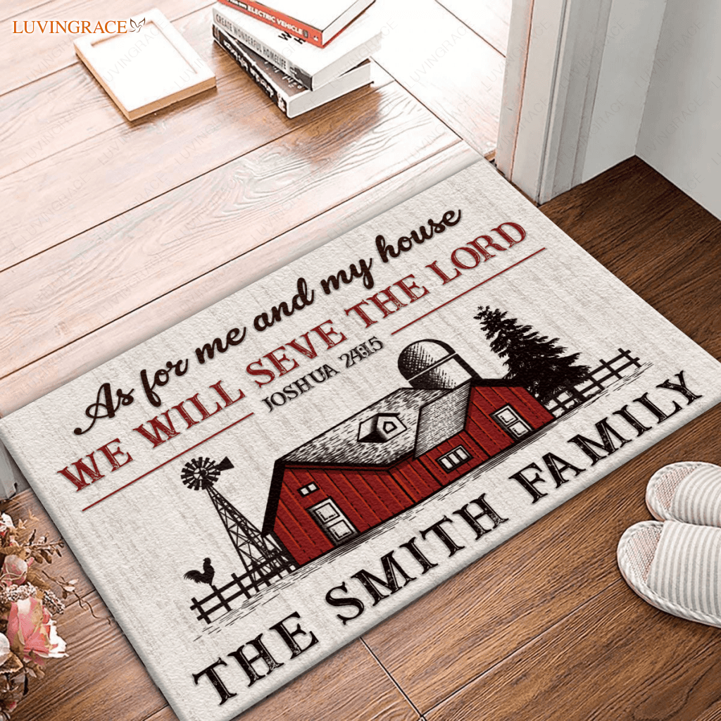 Vintage Red Farmhouse As For Me And My House Personalized Doormat
