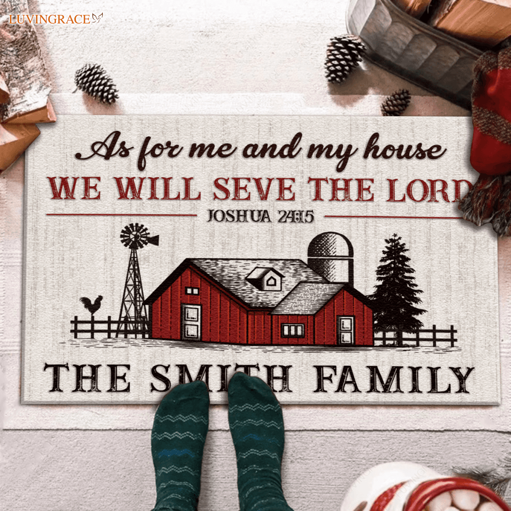 Vintage Red Farmhouse As For Me And My House Personalized Doormat