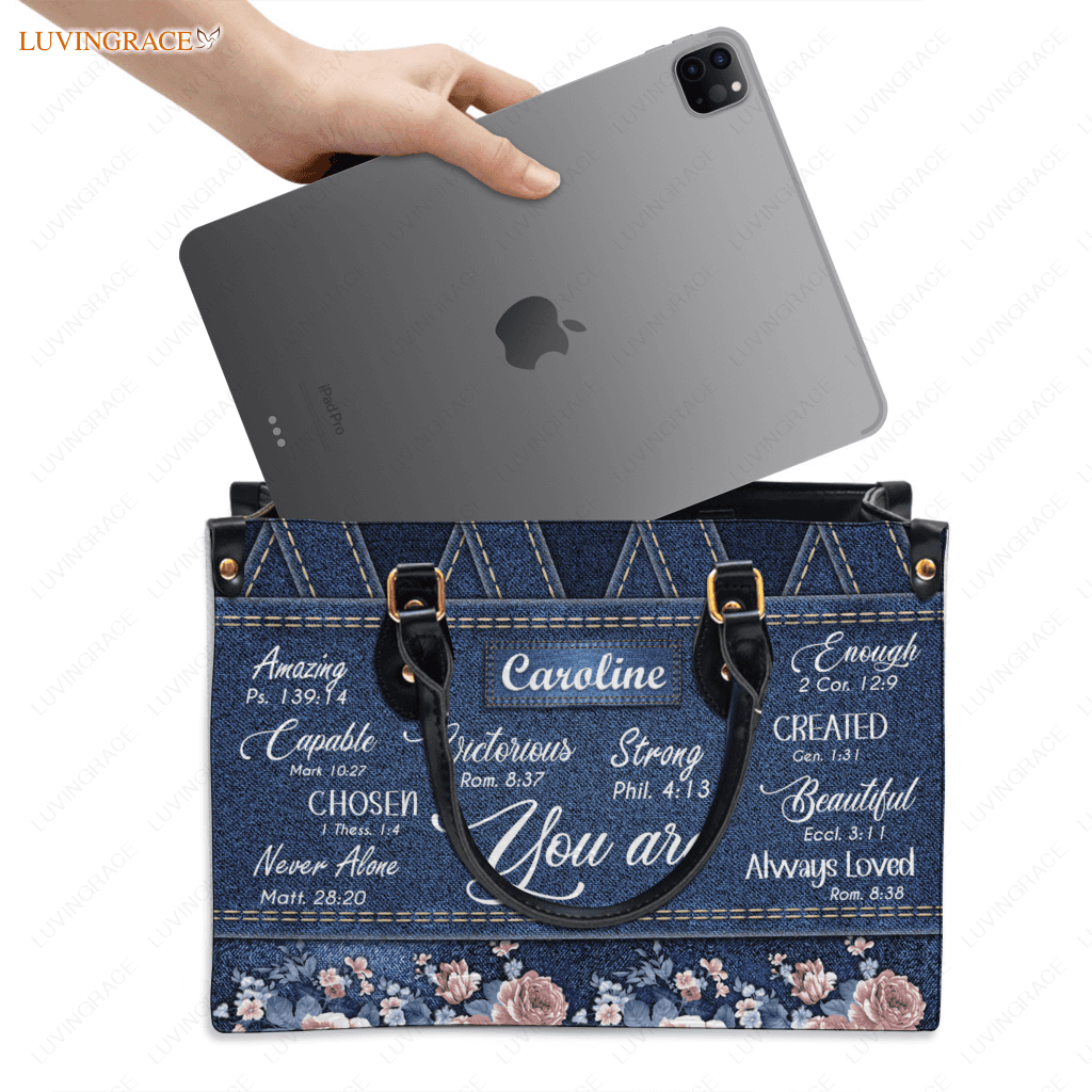 Vintage Roses Floral On Jean Pattern Identity In Christ You Are - Personalized Custom Leather Bag