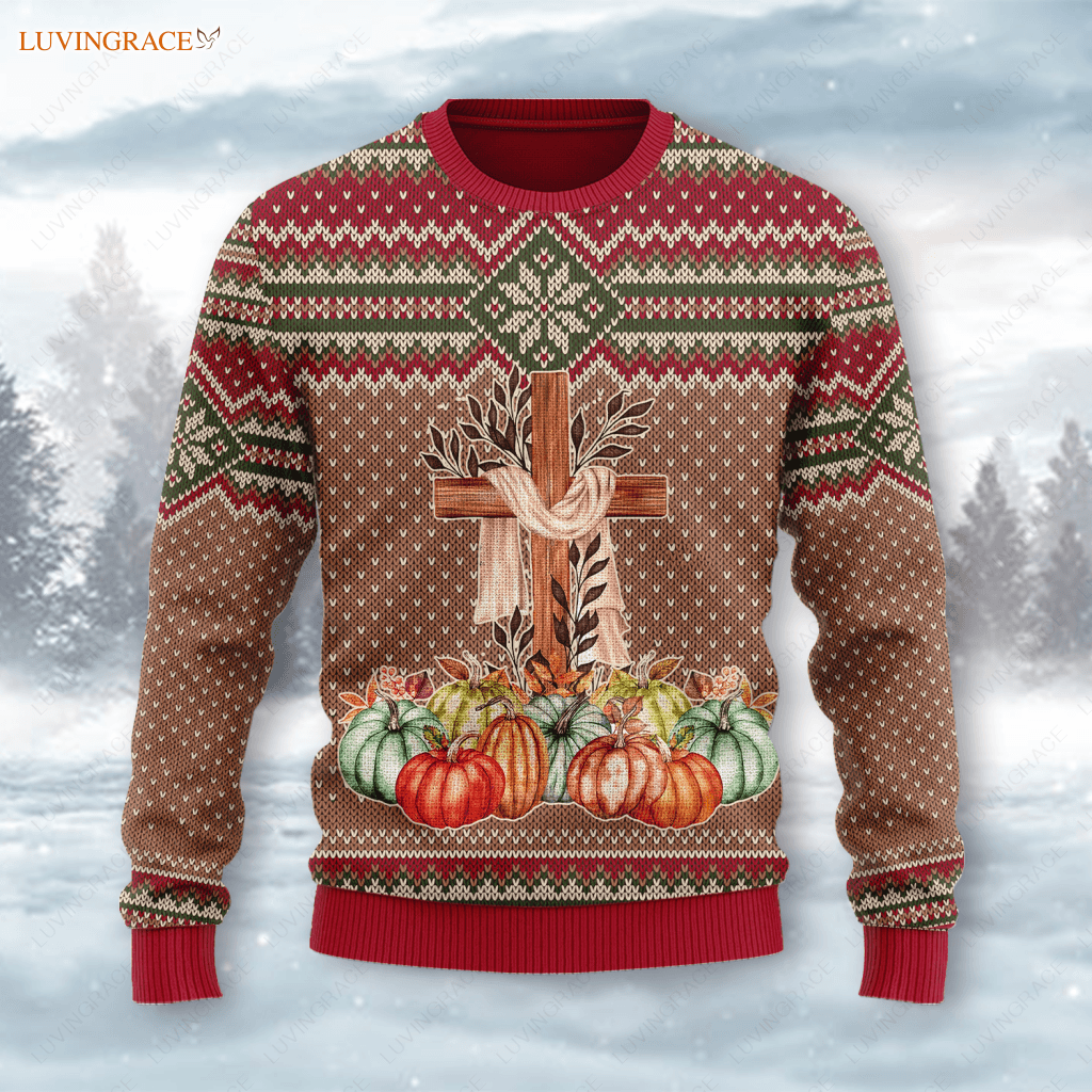 Vintage Thanksgiving Cross Pumpkin Wool Knitted Pattern Ugly Sweater S Sweatshirt