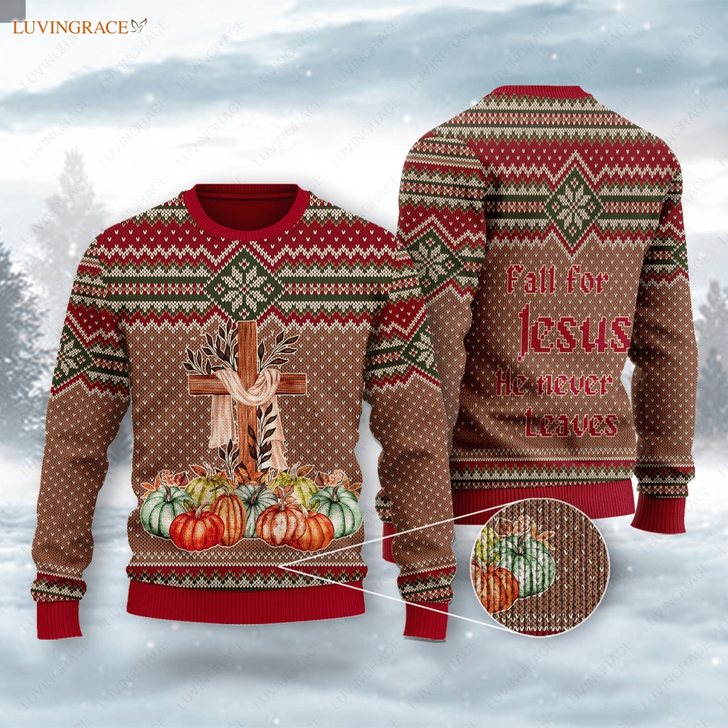 Vintage Thanksgiving Cross Pumpkin Wool Knitted Pattern Ugly Sweater Sweatshirt