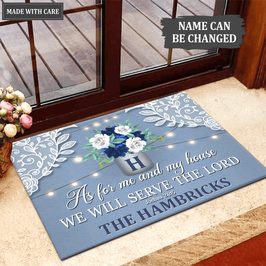 Dusty Blue Country Lace Serve The Lord Personalized Doormat