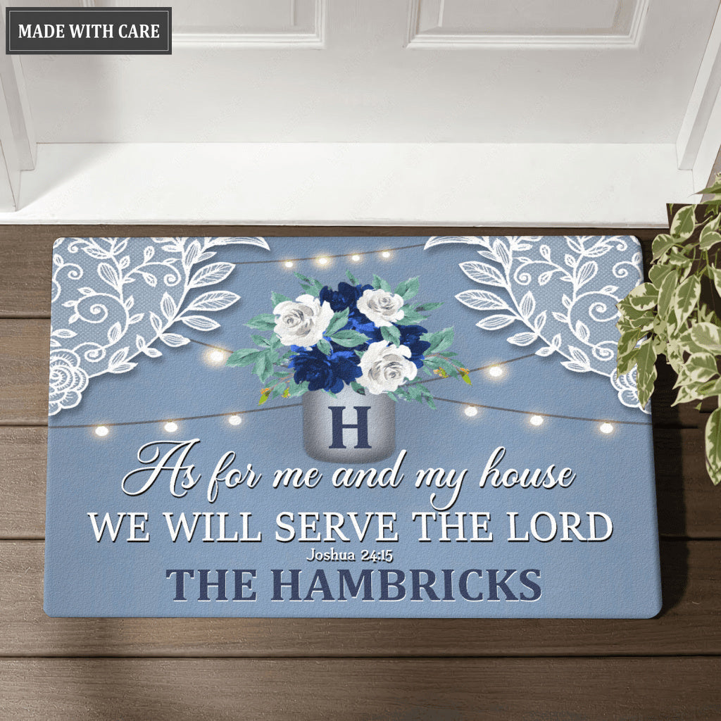 Dusty Blue Country Lace Serve The Lord Personalized Doormat