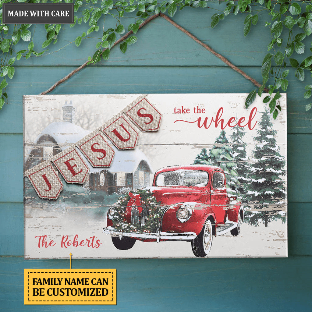 Personalized Family Jesus Take The Wheel Rectangle Wood Sign