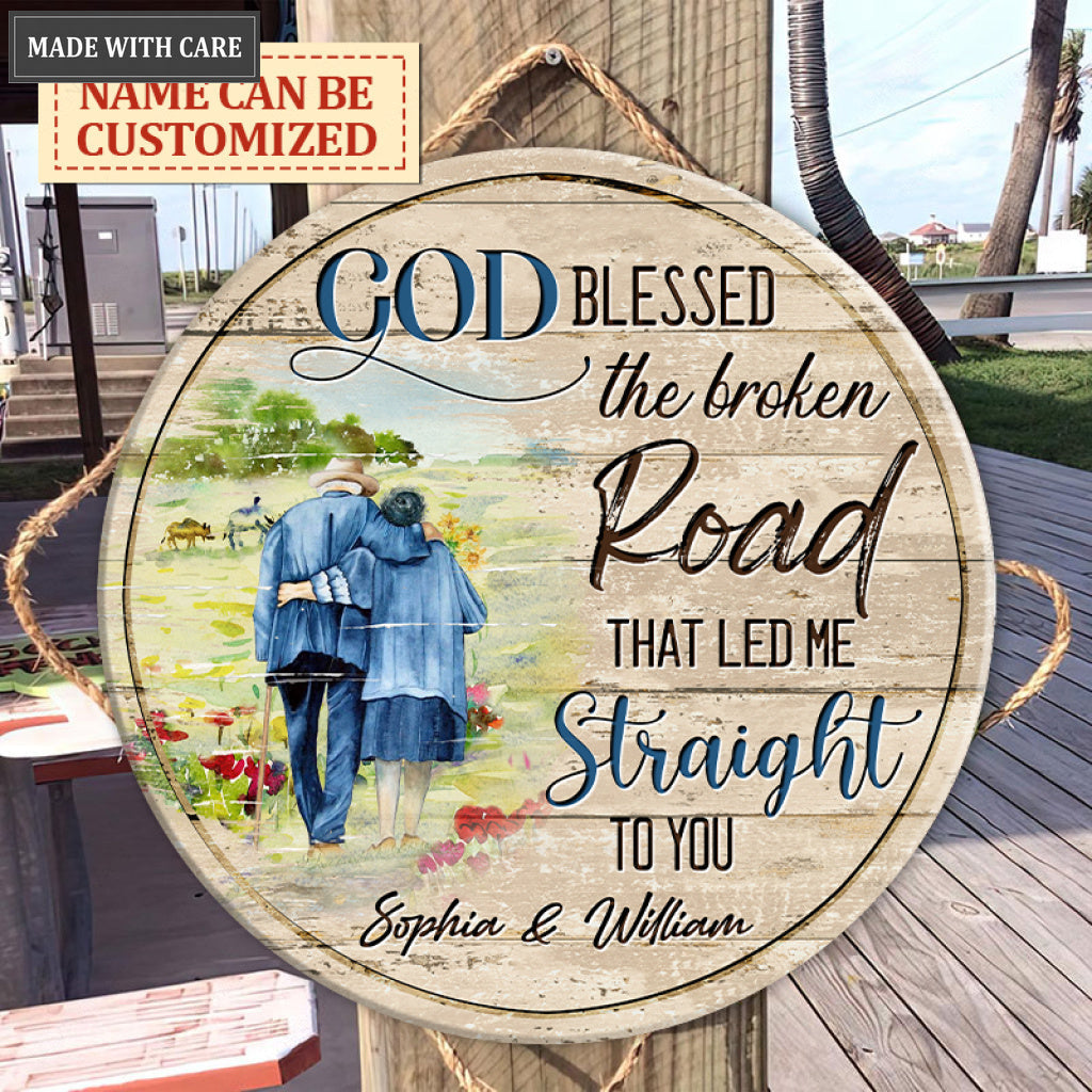 Personalized Old Couple Blessed By God Wood Circle Sign