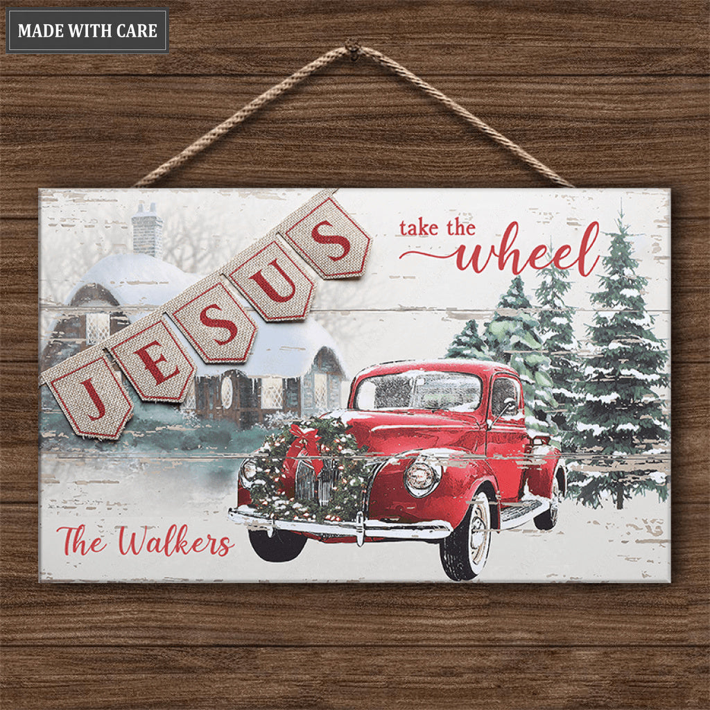 Personalized Family Jesus Take The Wheel Rectangle Wood Sign