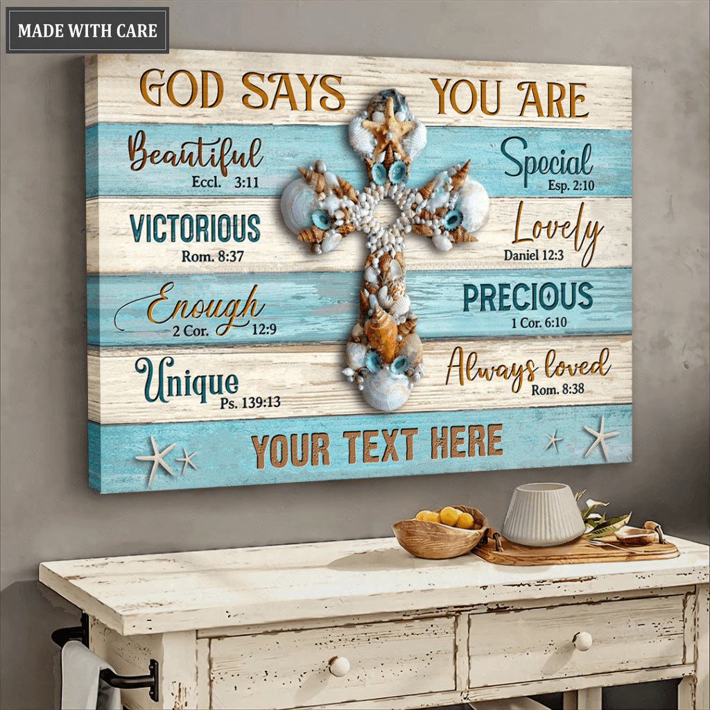 Seashell Cross God Says You Are Personalized Wall Art