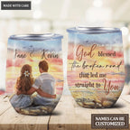Personalized Couple On The Beach God Blessed The Broken Road Wine Tumbler