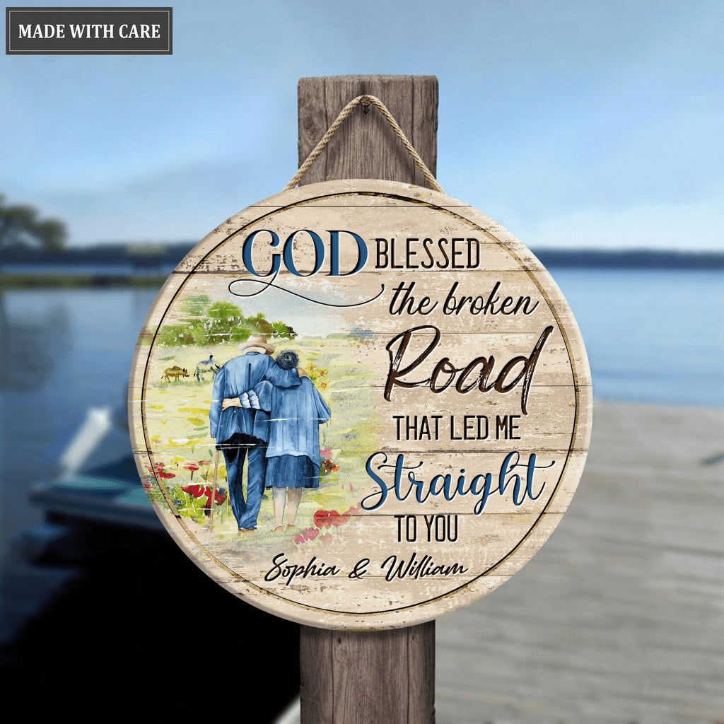 Personalized Old Couple Blessed By God Wood Circle Sign
