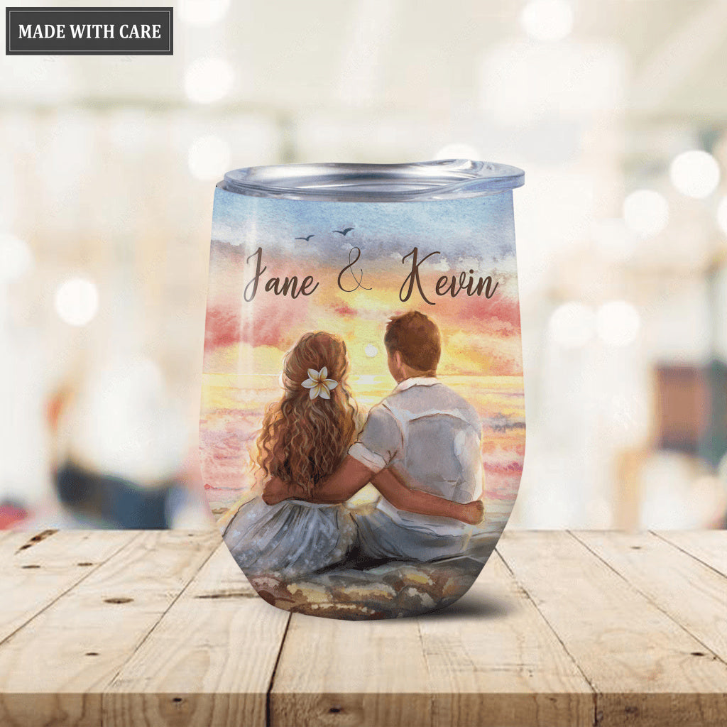 Personalized Couple On The Beach God Blessed The Broken Road Wine Tumbler